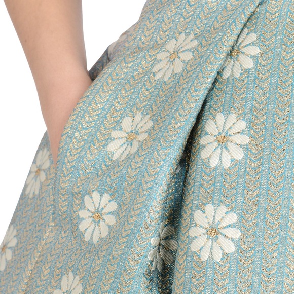 RED VALENTINO Daisy Lurex Jacquard Pleated Mini A-Line Skirt in Blue and Gold - Picture 5 of 11